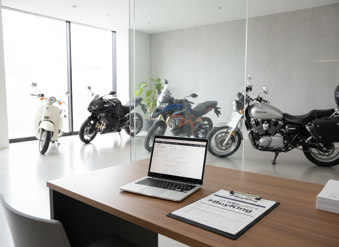 A clean, modern motorcycle appraisal office interior featuring a neatly arranged wooden desk with a slim laptop displaying a valuation screen and a stack of organized appraisal forms beside a branded "バイク買取のバイキングBuyKING" clipboard. In the background, several different styles of motorcycles are parked in a bright, spotless showroom corner, from a small scooter to a large touring bike. Soft, diffused daylight enters through a large window, creating gentle reflections on the polished floor and motorcycle tanks. Photographic realism, shot at eye level with a slight wide-angle lens, sharp focus throughout. The mood is professional and trustworthy, with a minimalist, businesslike aesthetic that emphasizes reliability and transparency in bike purchasing services.