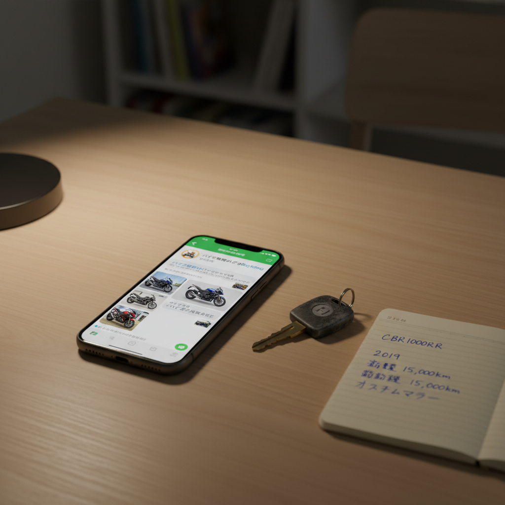 A detailed close-up of a smartphone resting on a tidy wooden table, its screen clearly showing a LINE chat conversation with the "バイク買取のバイキングBuyKING" account and a preview of multiple motorcycle photos being sent for appraisal. Next to the phone lies a motorcycle key with a worn rubber fob and a small notepad with handwritten bike details. Soft indoor lighting from a nearby desk lamp creates a warm, focused pool of light on the phone and tabletop, with the background gently fading into shadow. Photographic realism, shot from a slightly elevated, almost top-down perspective, with shallow depth of field emphasizing the device and chat screen. The mood is convenient and modern, highlighting how simple remote photo appraisal can be.