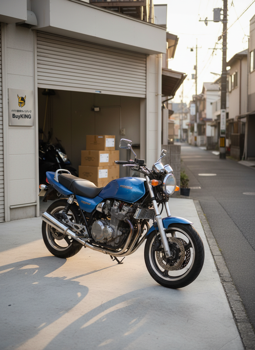 A slightly weathered but well-maintained mid-sized motorcycle in metallic blue parked neatly in front of a small urban garage in Nagoya, with a subtle "バイク買取のバイキングBuyKING" logo on a discreet outdoor sign next to the shutter. The concrete driveway is clean, with a few neatly stacked cardboard boxes labeled for shipment in the background, hinting at active trade. Late afternoon natural light casts warm, directional illumination across the bike’s chrome and painted surfaces, creating crisp but soft-edged shadows. Photographic realism, composed using the rule of thirds from a slightly elevated angle, with shallow depth of field that keeps the motorcycle sharp and the background tastefully blurred. The atmosphere is reassuring and practical, suggesting easy, approachable motorcycle selling in the local area.